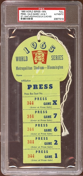 1965 World Series Minnesota Press Pass PSA AUTHENTIC