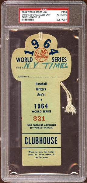 1964 World Series New York Clubhouse Press Pass PSA AUTHENTIC
