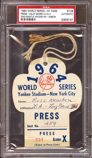 1964 World Series New York Press Pass Stub PSA AUTHENTIC