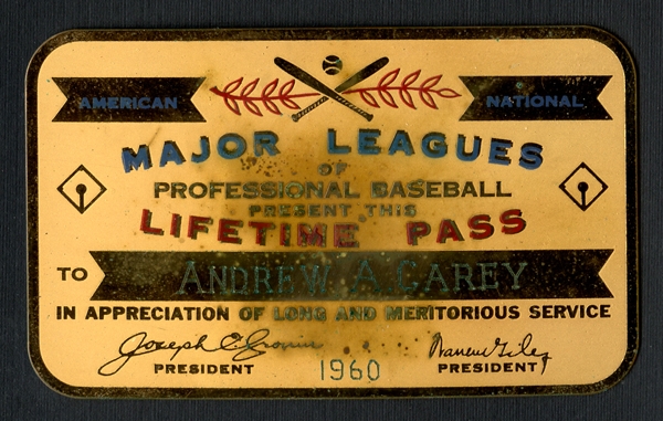 1960 Major Leagues Ballparks Lifetime Pass Belonging to Andy Carey