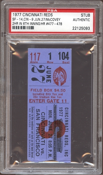 1977 Cincinnati Reds Ticket Stub McCovey 2 Home Runs in One Inning PSA AUTHENTIC