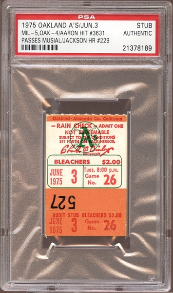 1975 Oakland As Ticket Stub Aaron Hit #3631 Passes Musial PSA AUTHENTIC