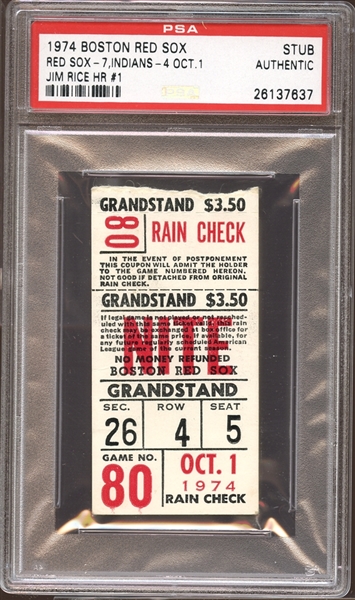 1974 Boston Red Sox Ticket Stub Jim Rice First Home Run PSA AUTHENTIC