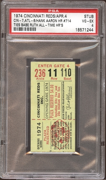 1974 Cincinnati Reds Ticket Stub Hank Aaron Home Run #714 Ties Babe Ruth All-Time PSA 4 VG/EX