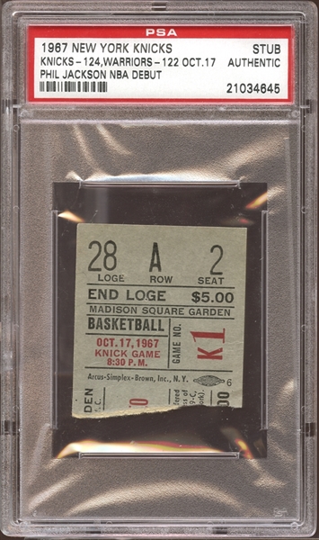 1967 New York Knicks Ticket Stub Phil Jackson NBA Debut PSA AUTHENTIC
