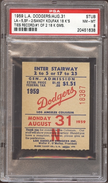 1959 Los Angeles Dodgers Ticket Stub Koufax 18 Strikeouts PSA 8 NM/MT