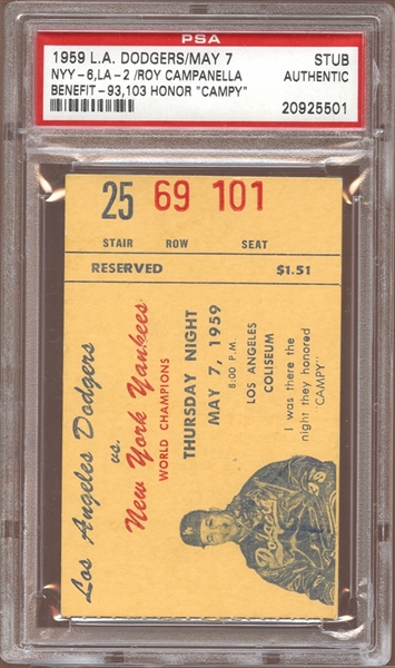 1959 Los Angeles Dodgers vs New York Yankees Ticket Stub Roy Campanella Benefit PSA AUTHENTIC