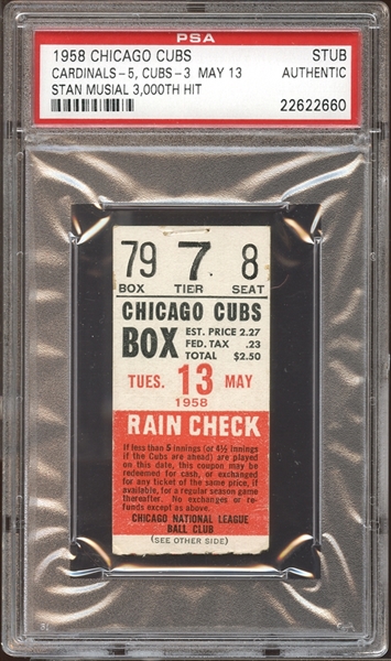 1958 Chicago Cubs Ticket Stub Stan Musial 3000th Hit PSA AUTHENTIC
