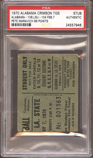1970 Alabama Crimson Tide Ticket Stub Pete Maravich 69 Points PSA AUTHENTIC