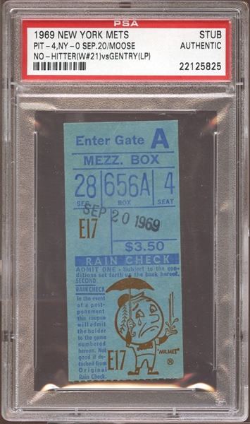 1969 New York Mets Ticket Stub Moose No-Hitter PSA AUTHENTIC