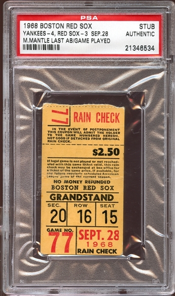 1968 Boston Red Sox Ticket Stub Mickey Mantle Last Game PSA AUTHENTIC