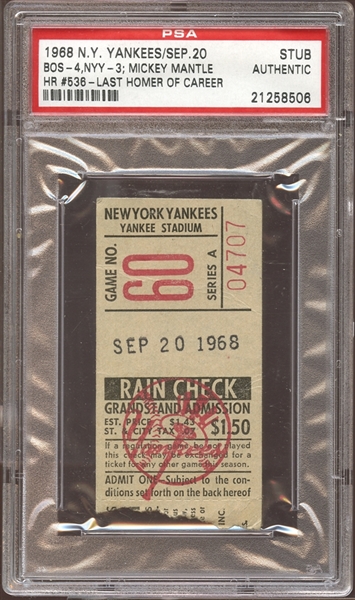 1968 New York Yankees Ticket Stub Mickey Mantle Home Run #536-The Last of His Career PSA AUTHENTIC