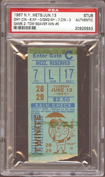 1967 New York Mets Ticket Stub Tom Seaver Win #5 PSA AUTHENTIC