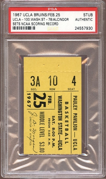 1968 UCLA Bruins Ticket Stub Alcindor Sets NCAA Scoring Record PSA AUTHENTIC