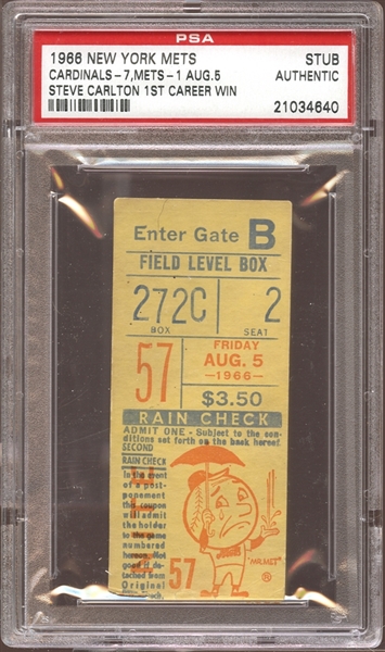 1966 New York Mets Ticket Stub Steve Carlton 1st Win PSA AUTHENTIC