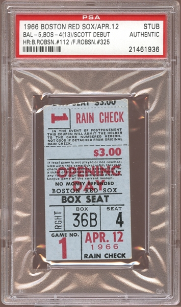 1966 Boston Red Sox Ticket Stub Brooks and Frank Robinson Home Runs PSA AUTHENTIC