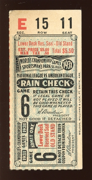 1931 World Series Game 6 Ticket Stub 