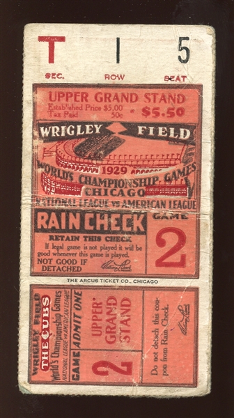 1929 World Series Game 2 Ticket Stub Jimmie Foxx and Al Simmons Home Runs