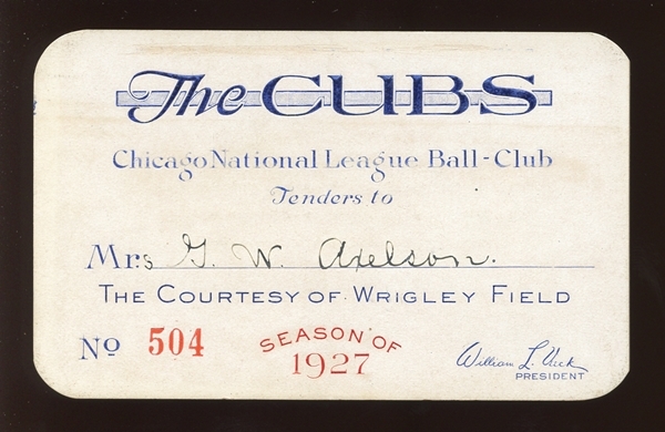 1927 Chicago Cubs Wrigley Field Season Pass