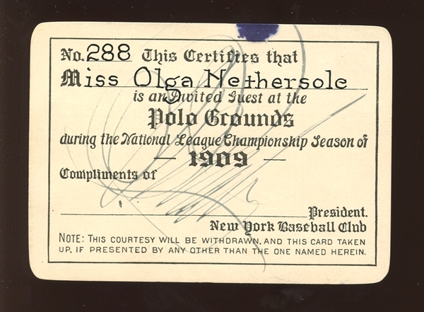 1909 New York Giants Polo Grounds Season Pass