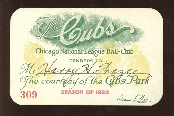 1922 Chicago Cubs Cubs Park Season Pass Belonging to Harry Frazee