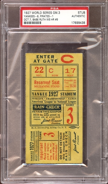 1927 World Series Game 3 Ticket Stub Babe Ruth Home Run PSA AUTHENTIC