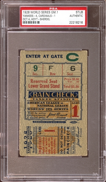1928 World Series Game 1 Ticket Stub PSA AUTHENTIC