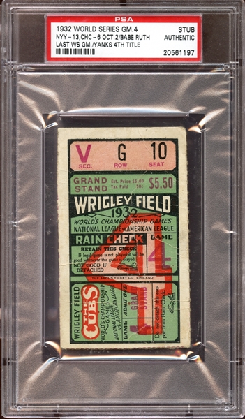1932 World Series Game 4 Ticket Stub Babe Ruth Last World Series Game PSA AUTHENTIC
