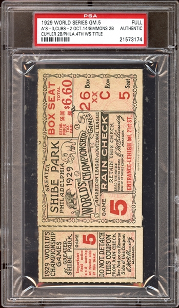 1929 World Series Game 5 Full Ticket PSA AUTHENTIC