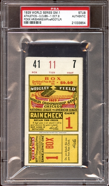 1929 World Series Game 1 Ticket Stub Jimmie Foxx Home Run PSA AUTHENTIC