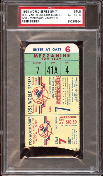 1955 World Series Game 7 Ticket Stub PSA AUTHENTIC