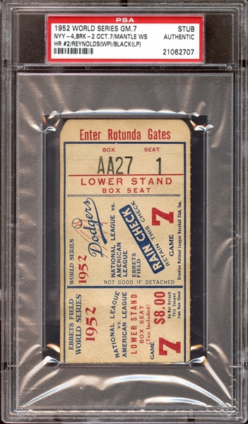 1952 World Series Game 7 Ticket Stub Mickey Mantle Home Run PSA AUTHENTIC