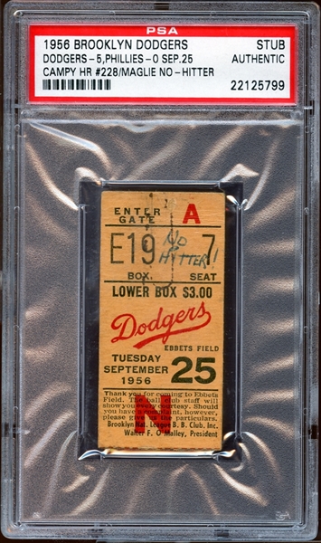 1956 Brooklyn Dodgers Ticket Stub Sal Maglie No-Hitter PSA AUTHENTIC