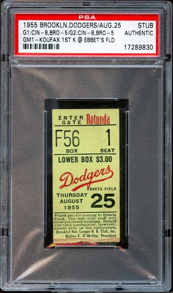 1955 Brooklyn Dodgers Ticket Stub Sandy Koufax 1st Strikeout at Ebbets Field PSA AUTHENTIC