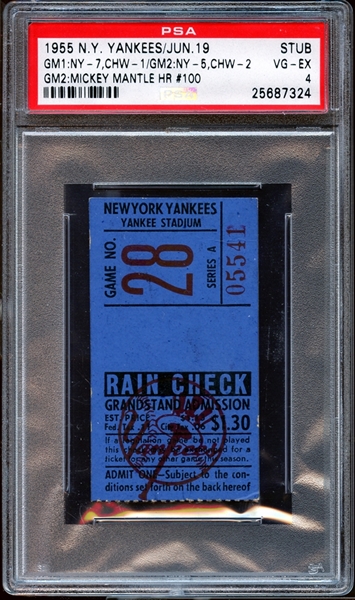 1955 New York Yankees Ticket Stub Mickey Mantle Home Run #100 PSA 4 VG/EX