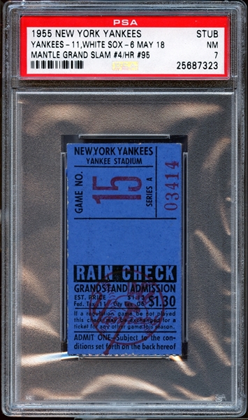 1955 New York Yankees Ticket Stub Mickey Mantle Grand Slam #4 PSA 7 NM