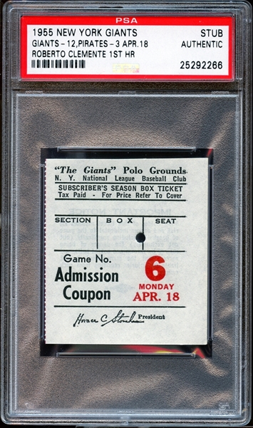 1955 New York Giants Ticket Stub Roberto Clemente 1st Career Home Run PSA AUTHENTIC