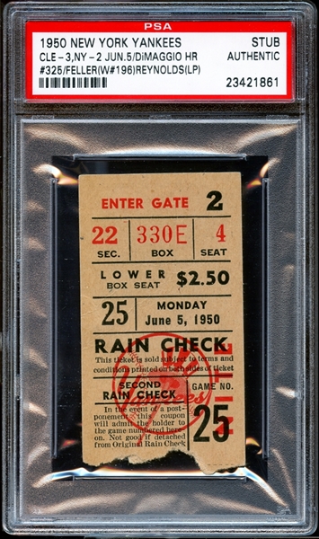 1950 New York Yankees Ticket Stub Joe DiMaggio Home Run #325 PSA AUTHENTIC