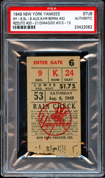 1949 New York Yankees Ticket Stub Berra/Rizzuto/DiMaggio (2) Home Runs PSA AUTHENTIC