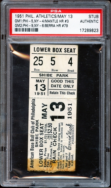 1951 Philadelphia Athletics Ticket Stub Mickey Mantle and Yogi Berra Home Runs PSA AUTHENTIC