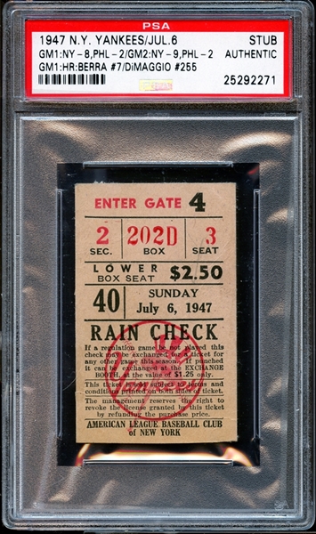 1947 New York Yankees Ticket Stub Yogi Berra and Joe DiMaggio Home Runs PSA AUTHENTIC