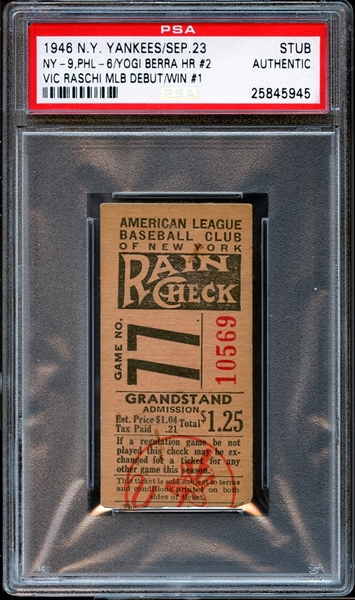 1946 New York Yankees Ticket Stub Yogi Berra Career Home Run #2 PSA AUTHENTIC
