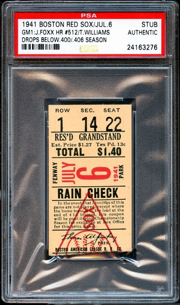 1941 Boston Red Sox Ticket Stub Jimmie Foxx Career Home Run #512 PSA AUTHENTIC