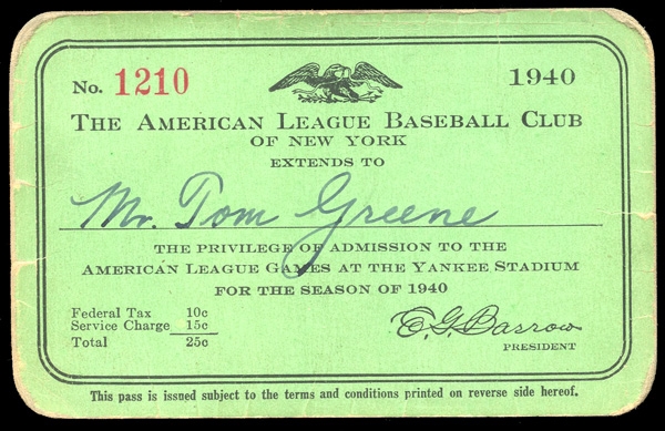 1940 New York Yankees Season Pass
