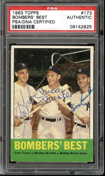 1963 Topps #173 Tom Tresh/Mickey Mantle/Bobby Richardson Autographed PSA/DNA AUTHENTIC