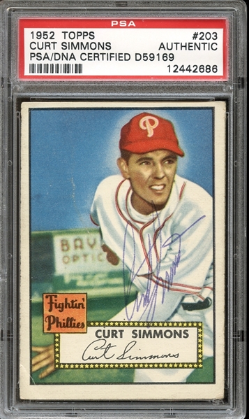 1952 Topps #203 Curt Simmons Autographed PSA/DNA AUTHENTIC