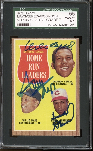 1962 Topps #54 Willie Mays / Orlando Cepeda / Frank Robinson Autographed SGC AUTHENTIC 55 VG/EX+ 4.5