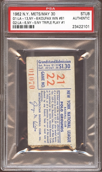 1962 New York Mets Ticket Stub Mets First Triple Play PSA AUTHENTIC