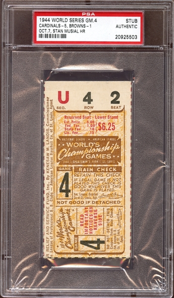 1944 World Series Game 4 Ticket Stub Stan Musial Home Run PSA AUTHENTIC