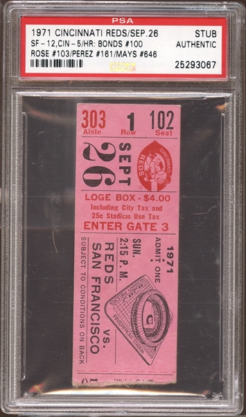 1971 Cincinnati Reds Ticket Stub Willie Mays Home Run #646 PSA AUTHENTIC